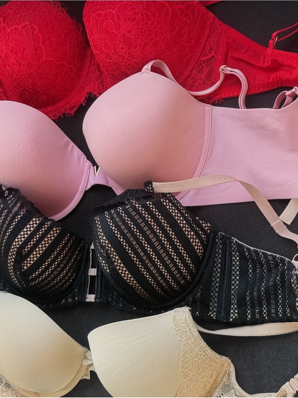 Victoria's Secret Mixed Lace & T-Shirt Bra Set — Red, Pink, Black, Cream